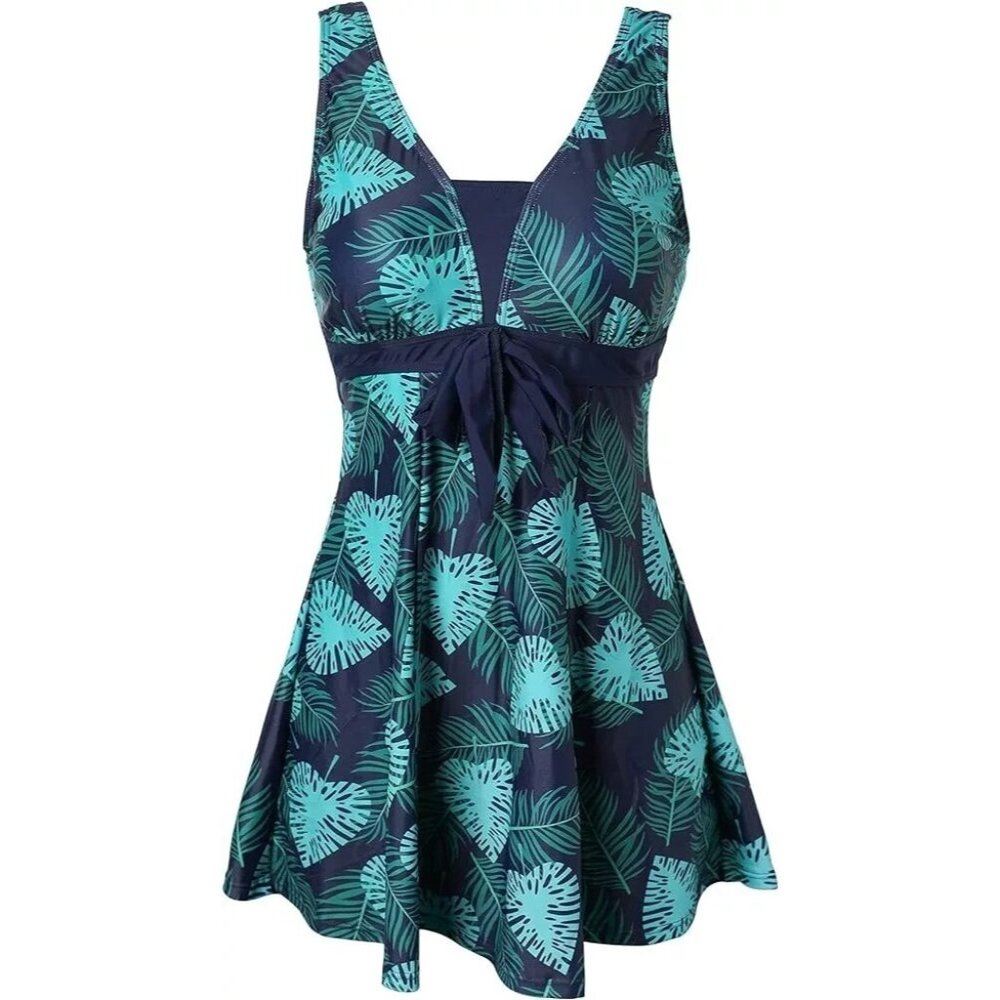 ECUPPER Womens One Piece Swimdress Shaping Body Blue Tropical Palm Print XL